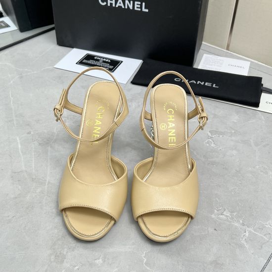 Chanel Rhinestone High Heel Leather Upper Elegant Sandals