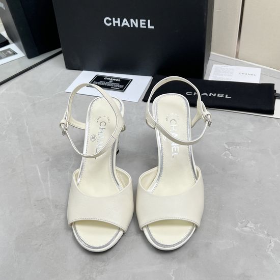 Chanel Rhinestone High Heel Leather Upper Elegant Sandals