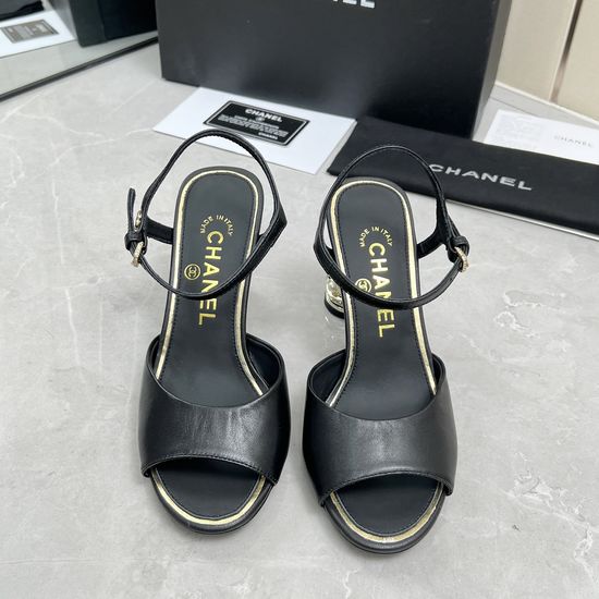 Chanel Rhinestone High Heel Leather Upper Elegant Sandals