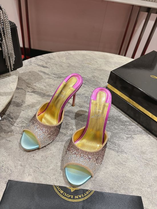 Christian Louboutine Rhinestone Embellished Peep Toe Mule Heels