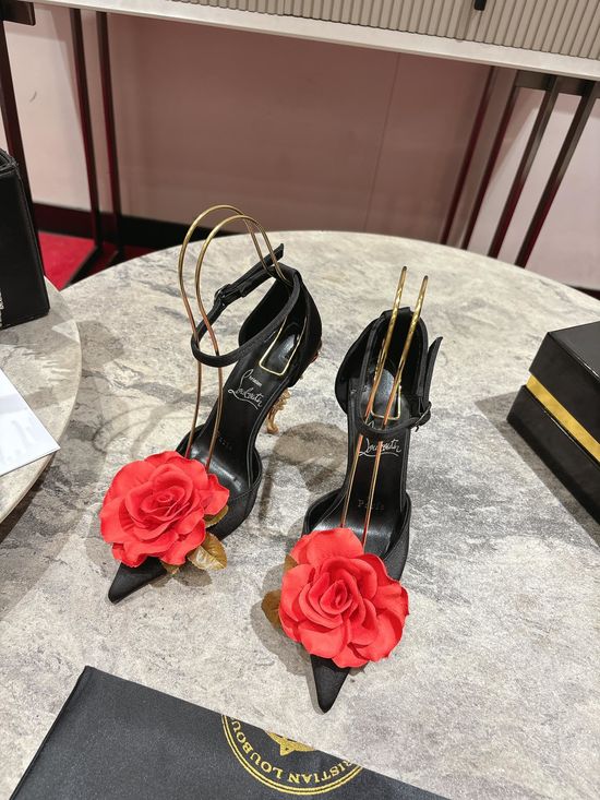 Christian Louboutine Satin Rose Decor Sculpted Heel Elegant High Heel Pumps