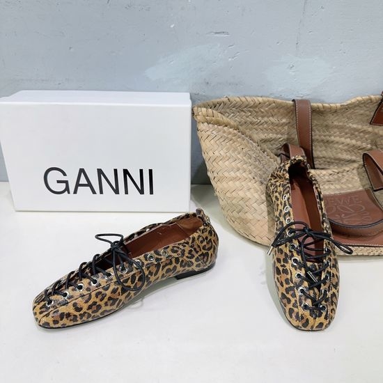 Ganni Square Toe Lace Up Leather Flats Comfortable Non Slip Daily Footwear