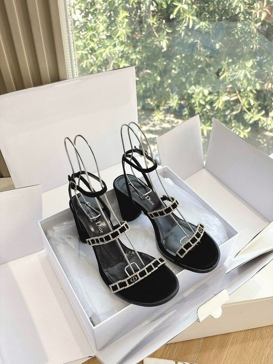 Christian Dior Embroidered Mesh Rhinestone Block Heel Sandals