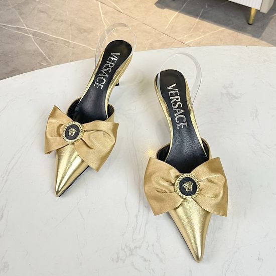 Versace Cowhide Silk Bow Low Heel Slide Sandals