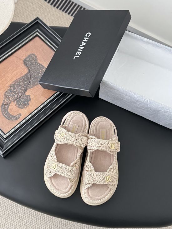Chanel Premium Velcro Strap Sandals with Imported Fabric