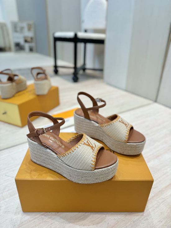 Louis Vuitton Woven Wedge Sandals Printed Upper Leather Lining