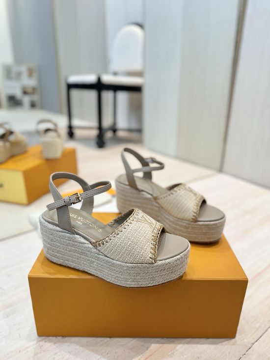 Louis Vuitton Woven Wedge Sandals Printed Upper Leather Lining