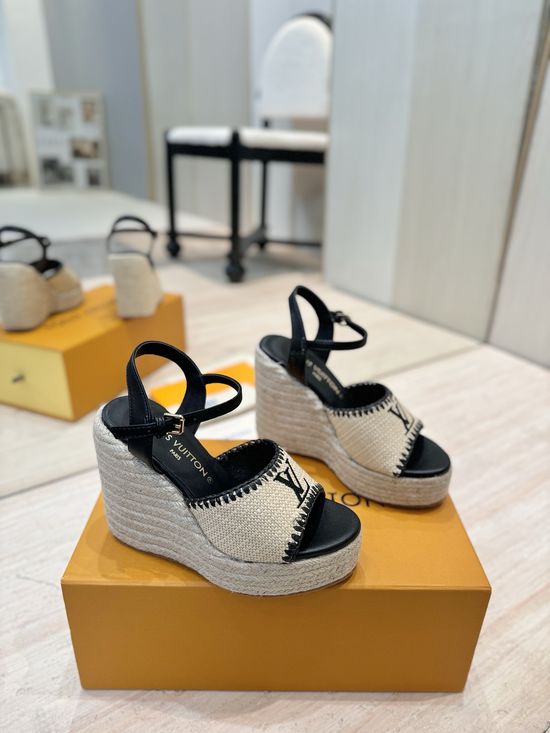 Louis Vuitton High Heel Woven Wedge Sandals Leather Lining