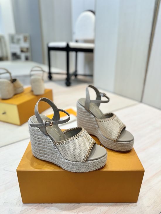 Louis Vuitton High Heel Woven Wedge Sandals Leather Lining