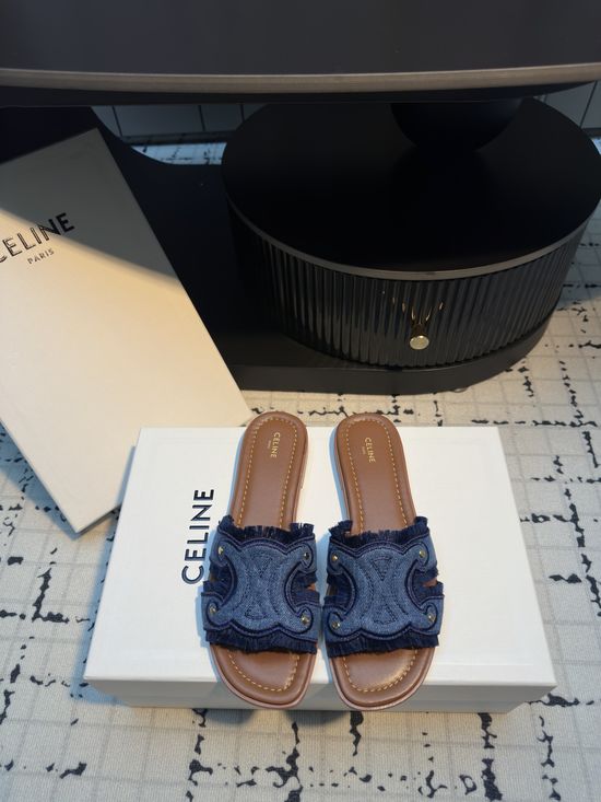 Celine Vintage Distressed Denim Flat Slides Comfortable Shoes