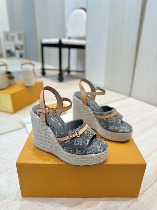 Louis Vuitton High Heel Woven Wedge Sandals Leather Lining