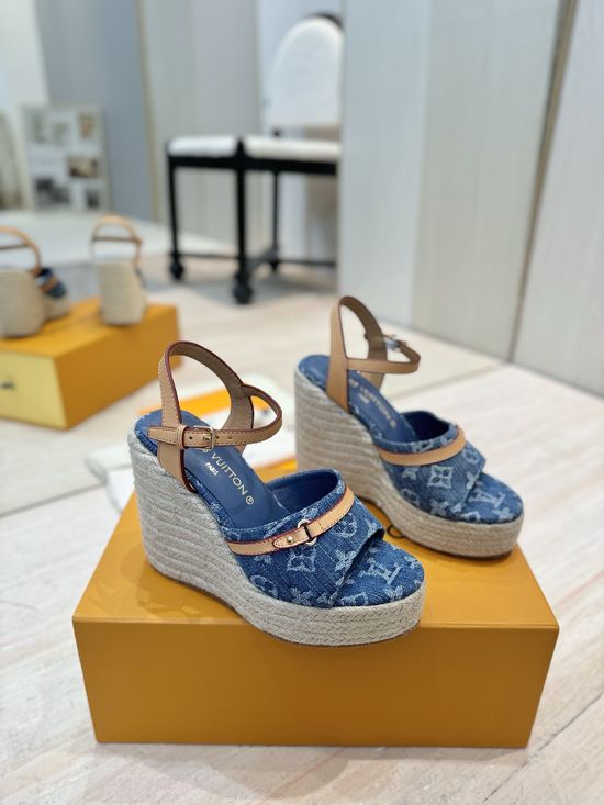Louis Vuitton High Heel Woven Wedge Sandals Leather Lining
