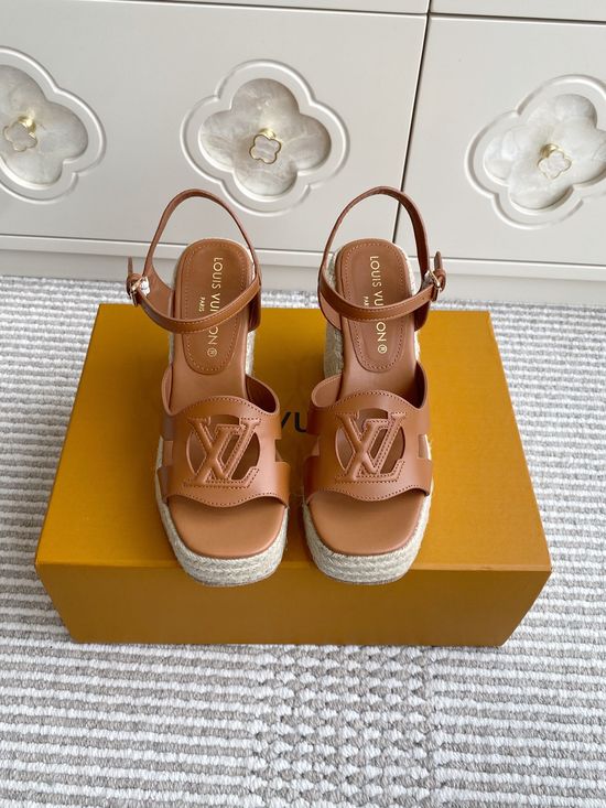 Louis Vuitton Hollow Out Woven Espadrille Wedge Sandals