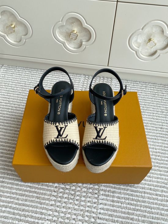 Louis Vuitton Woven Espadrille Wedge Sandals with Printed Upper