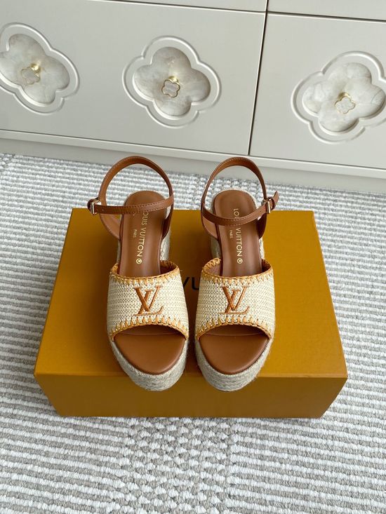 Louis Vuitton Woven Espadrille Wedge Sandals with Printed Upper