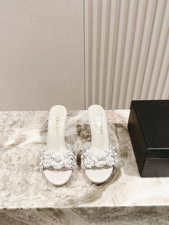 Chanel Floral Leather High Heel Slide Sandals