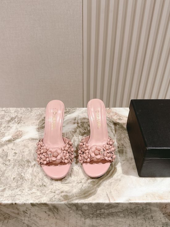 Chanel Floral Leather High Heel Slide Sandals