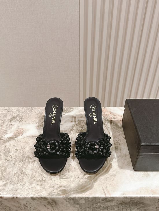 Chanel Floral Leather High Heel Slide Sandals