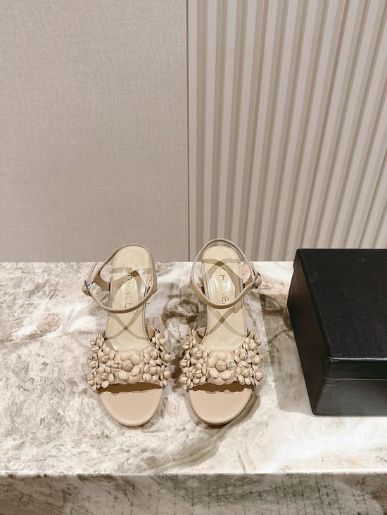 Chanel Floral Leather High Heel Slide Sandals