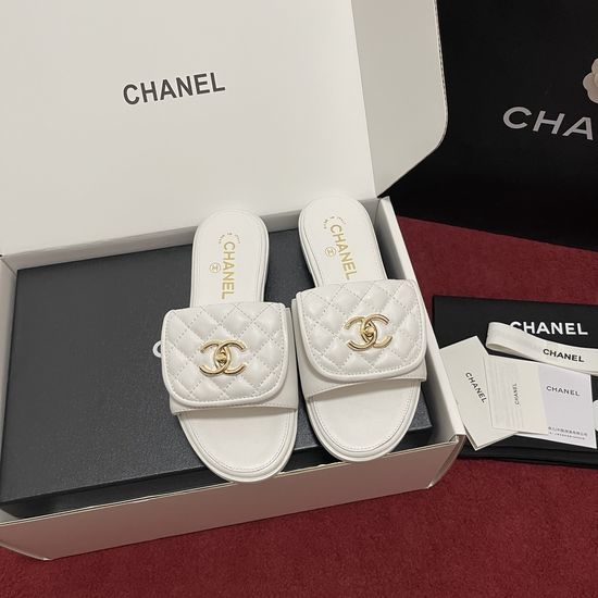 Chanel Quilted Classic Buckle Slip On Leather Slides Elegant