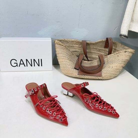 Ganni Pointed Toe Mary Jane Low Heel Leather Shoes Comfortable Slip On