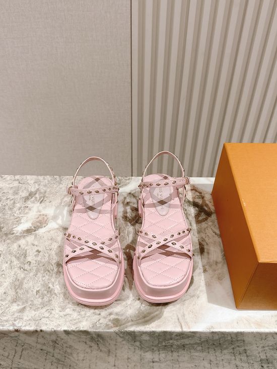 Louis Vuitton Chunky Heel Platform Sandals Leather Rivet Decor