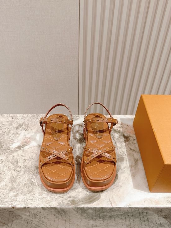Louis Vuitton Chunky Heel Platform Sandals Leather Rivet Decor
