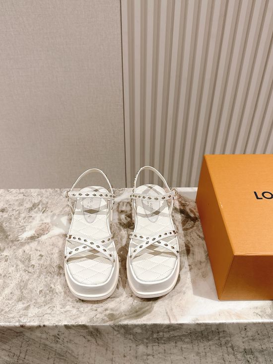 Louis Vuitton Chunky Heel Platform Sandals Leather Rivet Decor