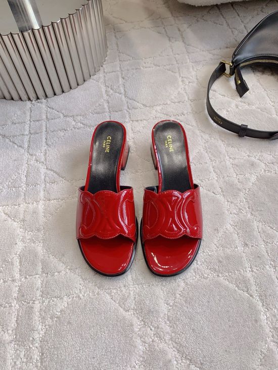 Celine Buckle Decor Chunky Heel Leather Slide Sandals
