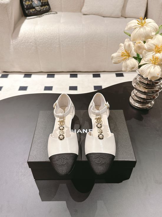 Chanel Round Toe Leather Camellia Flat Mary Jane Shoes