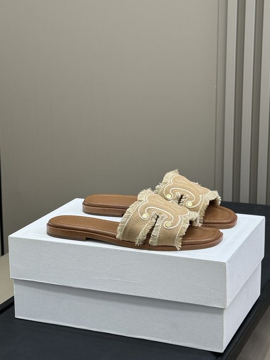 Celine Washed Denim Upper Cowhide Trim Slide Sandals