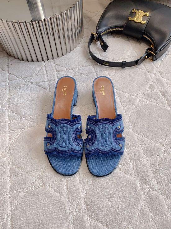 Celine Denim Chunky Heel Slippers with Sheepskin Lining