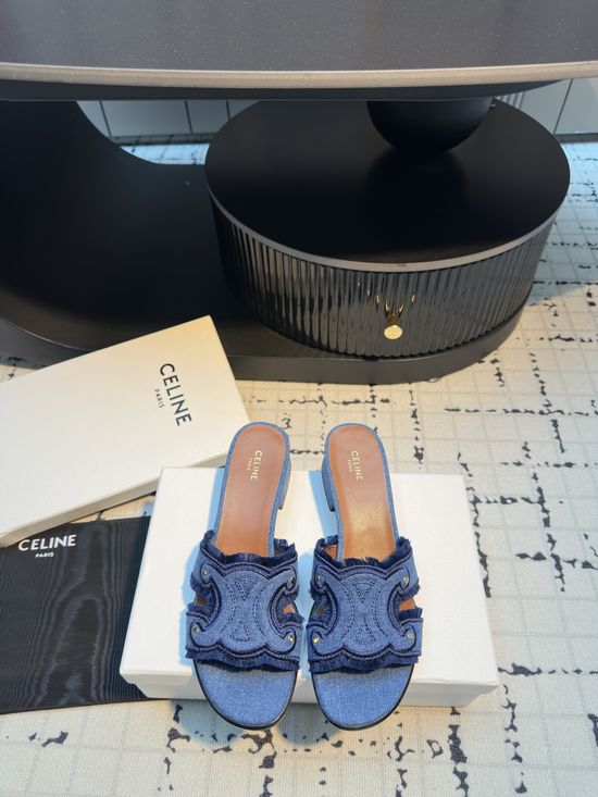 Celine French-Inspired Denim Tassel Slippers with Artisan Detail