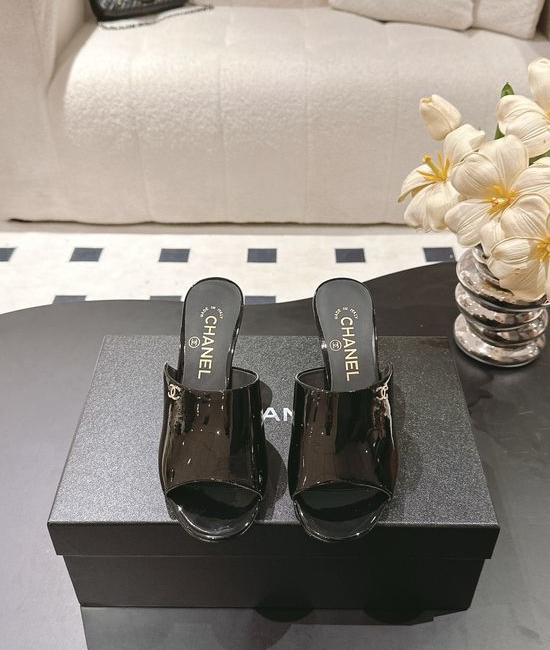 Chanel Embellished Patent Leather Heeled Slides