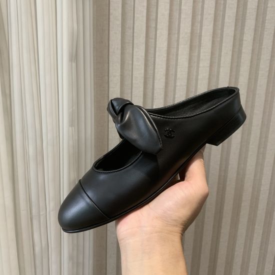 Chanel Bow Decor Slip On Mules Genuine Leather Lined