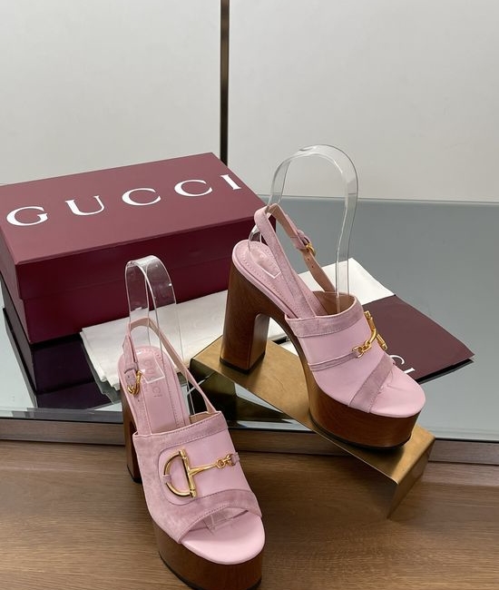 Gucci Gold Buckle Platform Wedge Heel Sandals