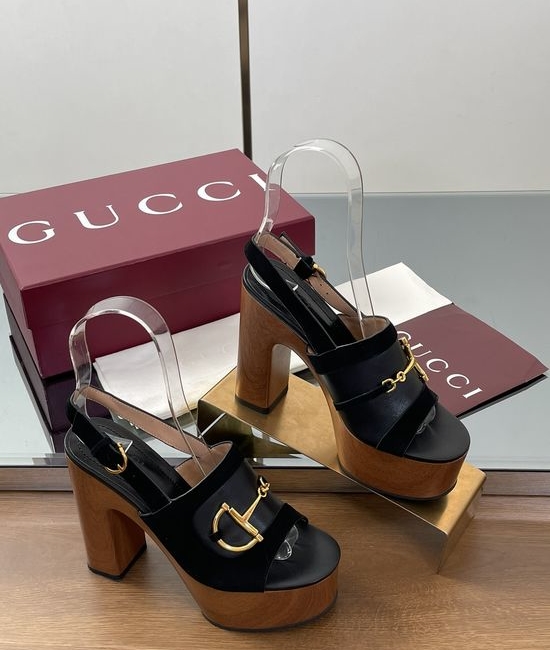 Gucci Gold Buckle Platform Wedge Heel Sandals