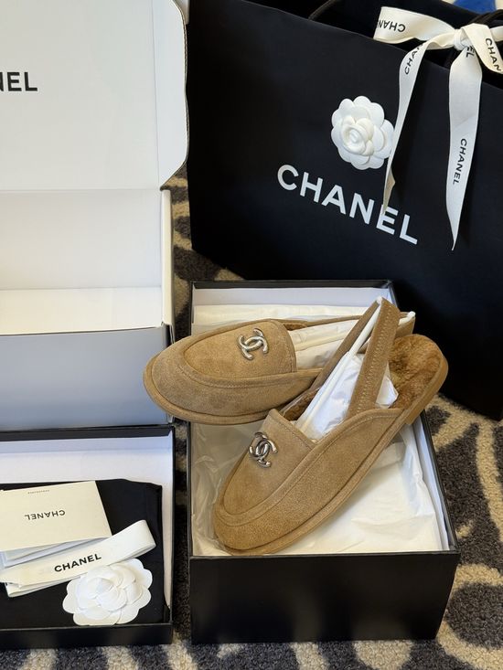 Chanel Faux Fur Lined Suede Mules With Leather Sole