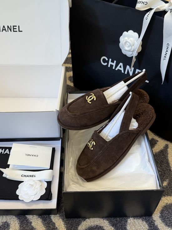 Chanel Faux Fur Lined Suede Mules With Leather Sole