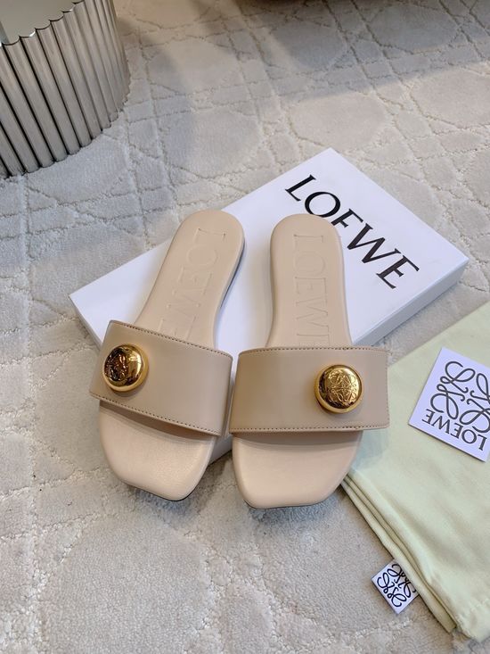 Loewe Stylish Leather Flat Slide Sandals Metal Button Decor
