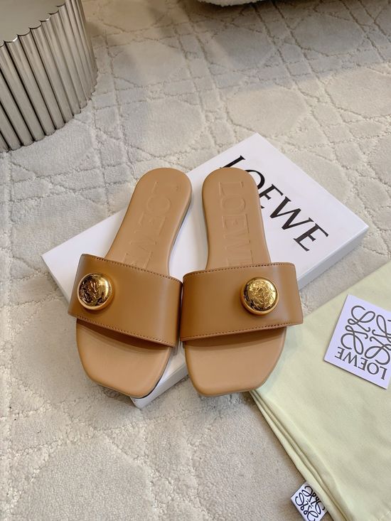 Loewe Stylish Leather Flat Slide Sandals Metal Button Decor