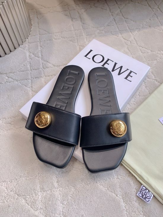 Loewe Stylish Leather Flat Slide Sandals Metal Button Decor