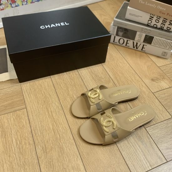 Chanel Rhinestone Logo Slide Sandals Soft Silk Lined