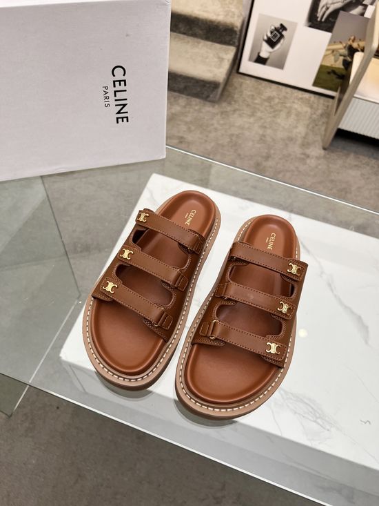 Celine Adjustable Slide Sandals with Decorative Hardware Accent