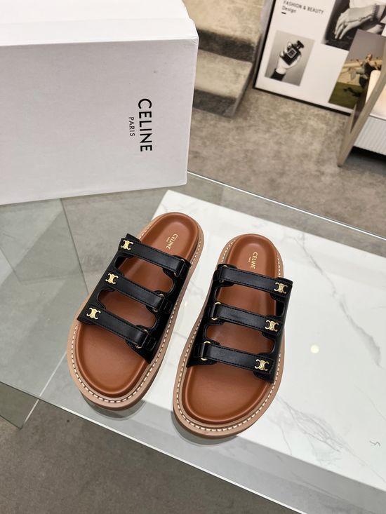 Celine Adjustable Slide Sandals with Decorative Hardware Accent