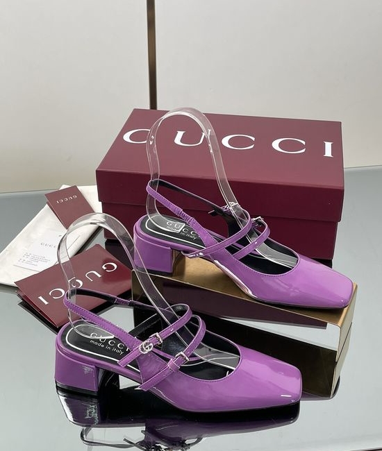Gucci Rhinestone Buckle Slingback Chunky Heel Leather Mary Jane Shoes