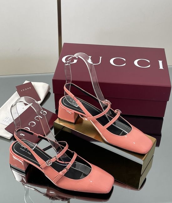 Gucci Rhinestone Buckle Slingback Chunky Heel Leather Mary Jane Shoes
