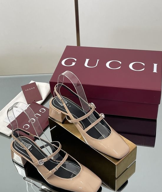 Gucci Rhinestone Buckle Slingback Chunky Heel Leather Mary Jane Shoes