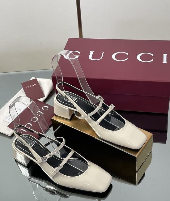 Gucci Rhinestone Buckle Slingback Chunky Heel Leather Mary Jane Shoes