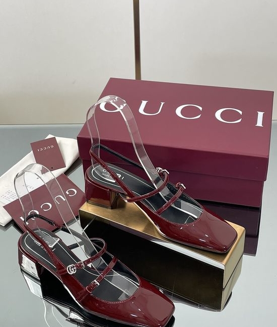 Gucci Rhinestone Buckle Slingback Chunky Heel Leather Mary Jane Shoes
